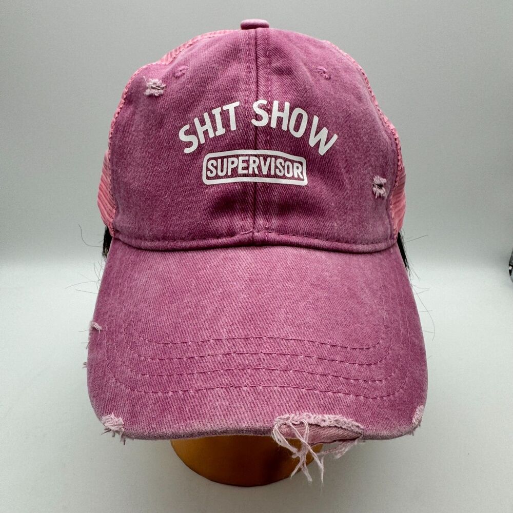 New Sh*t Show Supervisor Trucker Hat Distressed Funny Mesh Snapback Pink